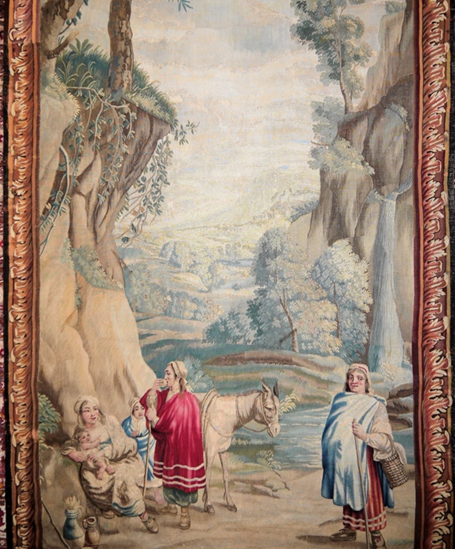 Tapisserie mit Familienwappen und bukolischer Szene, flämisch um 1700 - Bild 4 aus 5