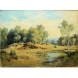 Fritz Grebe, Schäfer und seine Herde an einem kleinen Gewässer, Ölgemälde, Düsseldorf um 1880/90, o