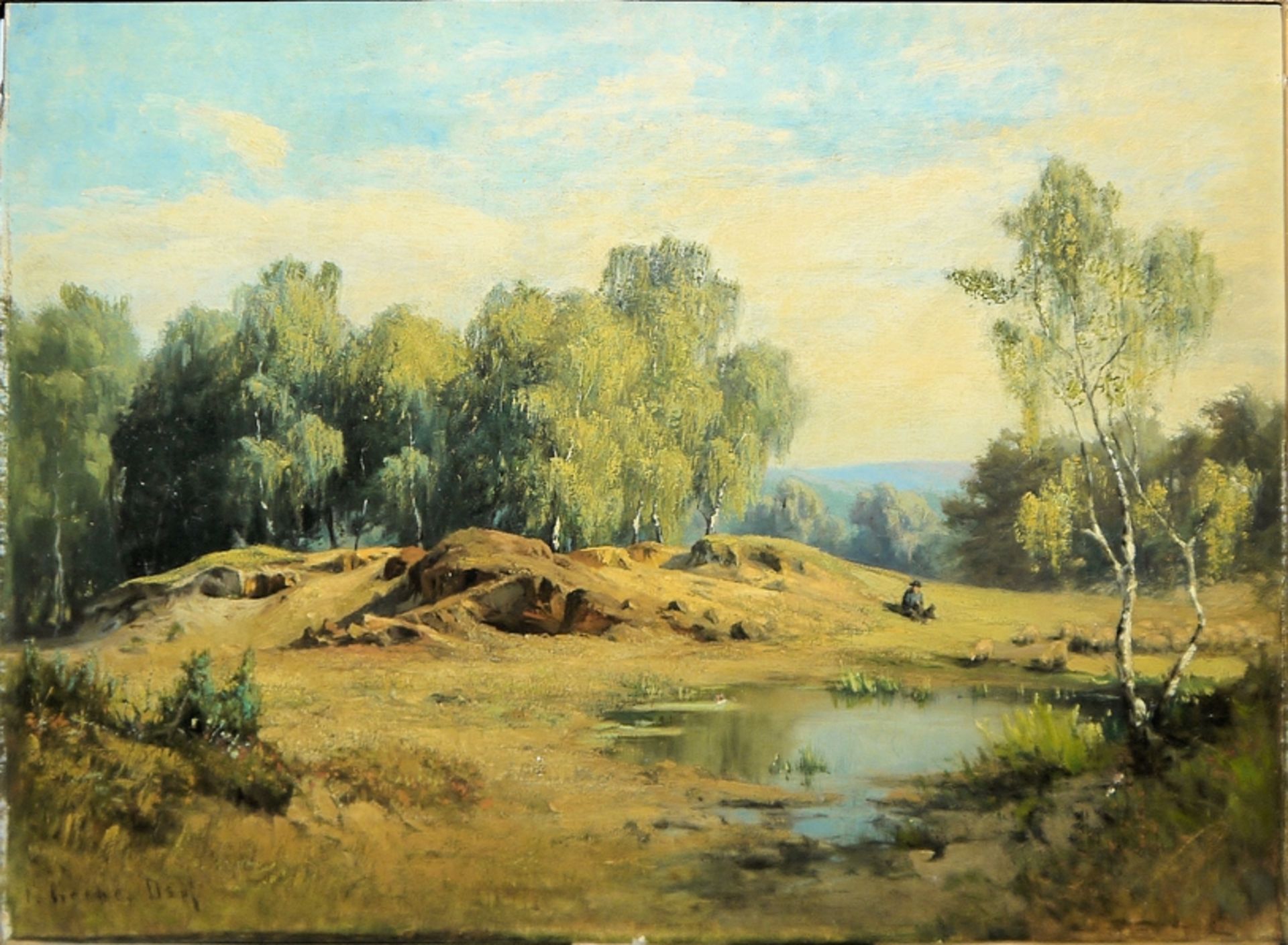 Fritz Grebe, Schäfer und seine Herde an einem kleinen Gewässer, Ölgemälde, Düsseldorf um 1880/90, o