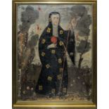 Andachtsbild der Heiligen Barbara von Nikomedien, Ölgemälde, gerahmt, Cusco-Schule, Peru, 18. Jh.