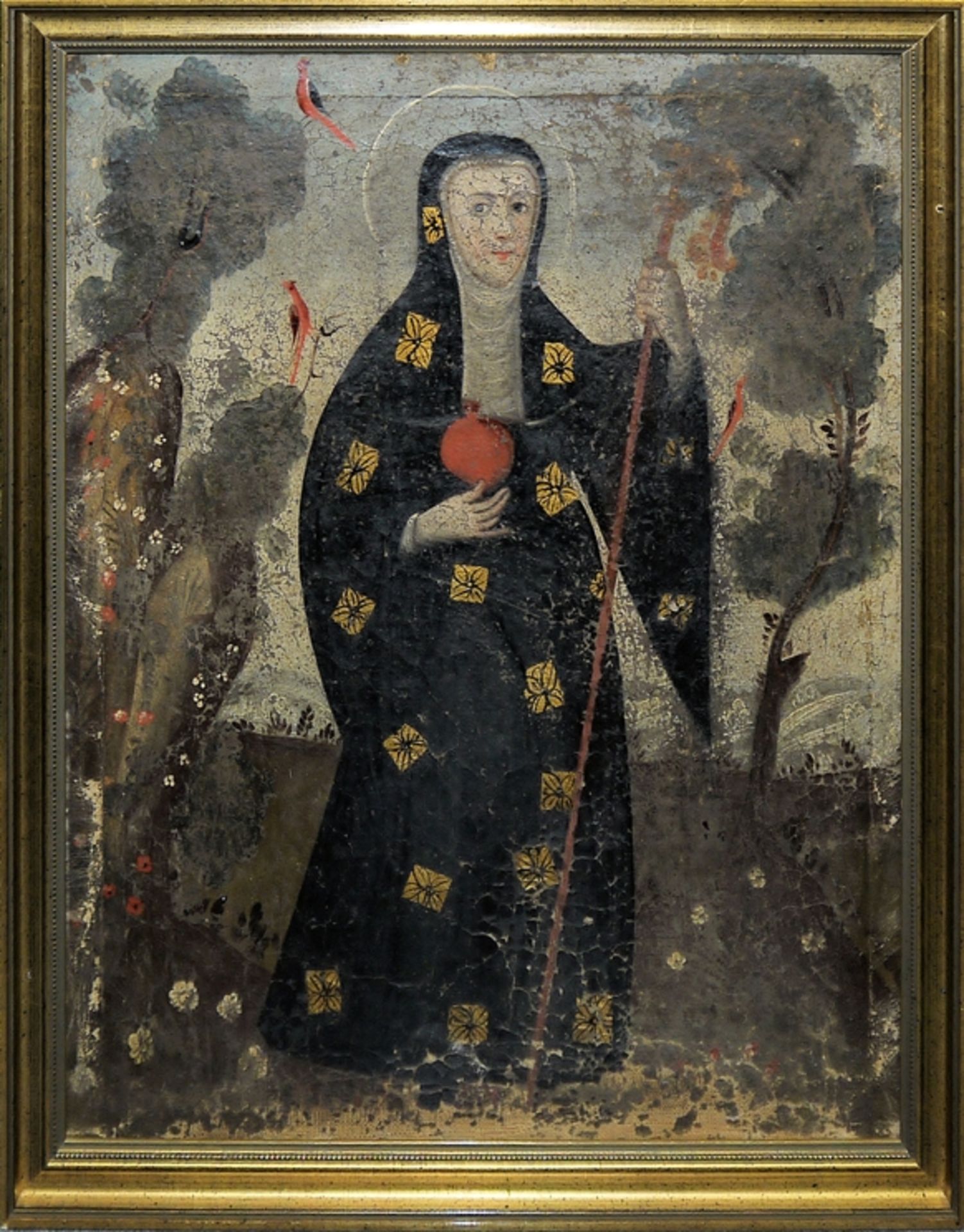 Andachtsbild der Heiligen Barbara von Nikomedien, Ölgemälde, gerahmt, Cusco-Schule, Peru, 18. Jh.