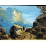 Alpenländischer Romantiker, Wanderer auf dem Splügenpass in der Schweiz, kleinformatiges Ölgemälde 