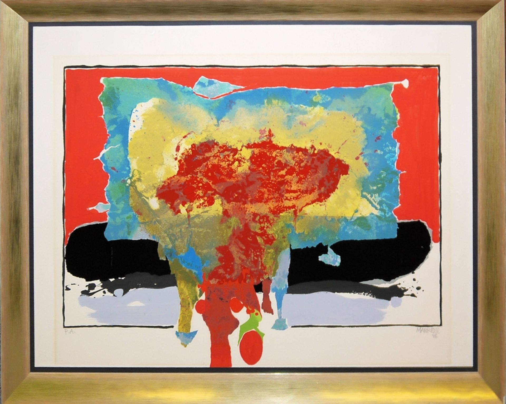 César Manrique, Abstrakte Komposition, signierte Mischtechnik von 1986, galeriegerahmt