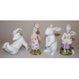 Vier Porzellanplastiken: Bär und Hase, KPM & Milchmädchen und Dame, Höchst