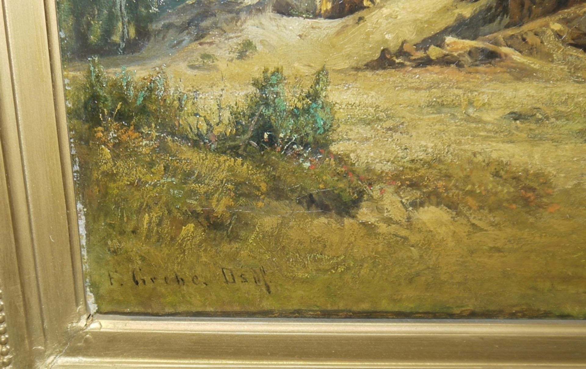 Fritz Grebe, Schäfer und seine Herde an einem kleinen Gewässer, Ölgemälde, Düsseldorf um 1880/90, o - Bild 2 aus 4