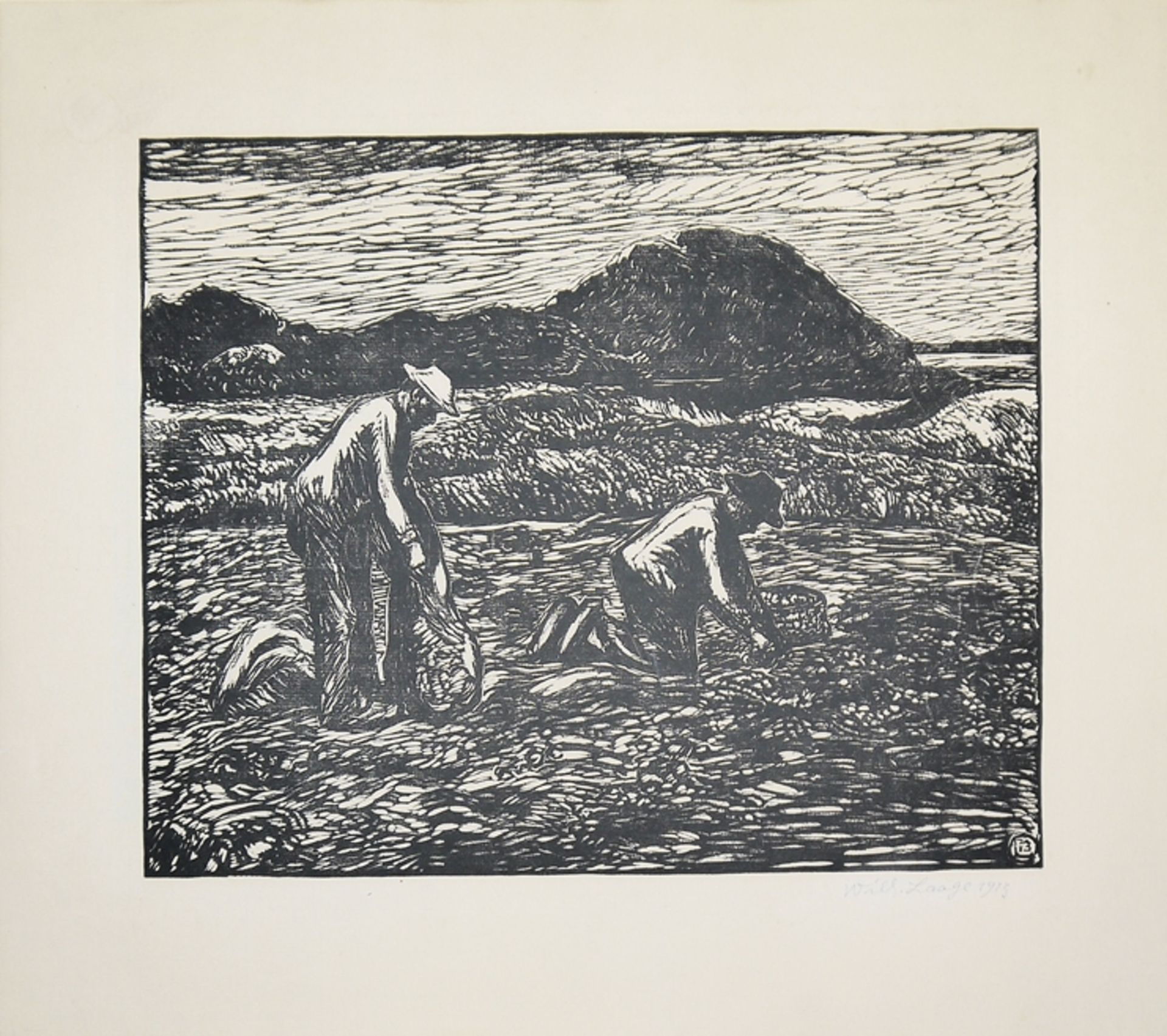 Erich Fraaß und Wilhelm Laage, Bauer bei der Feldarbeit, Lithographie mit Pastell und zwei Holzschn - Bild 2 aus 4