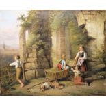 Jan Walraven, Kinder und ein Hund in einem historischen Gemäuer, Ölgemälde um 1860