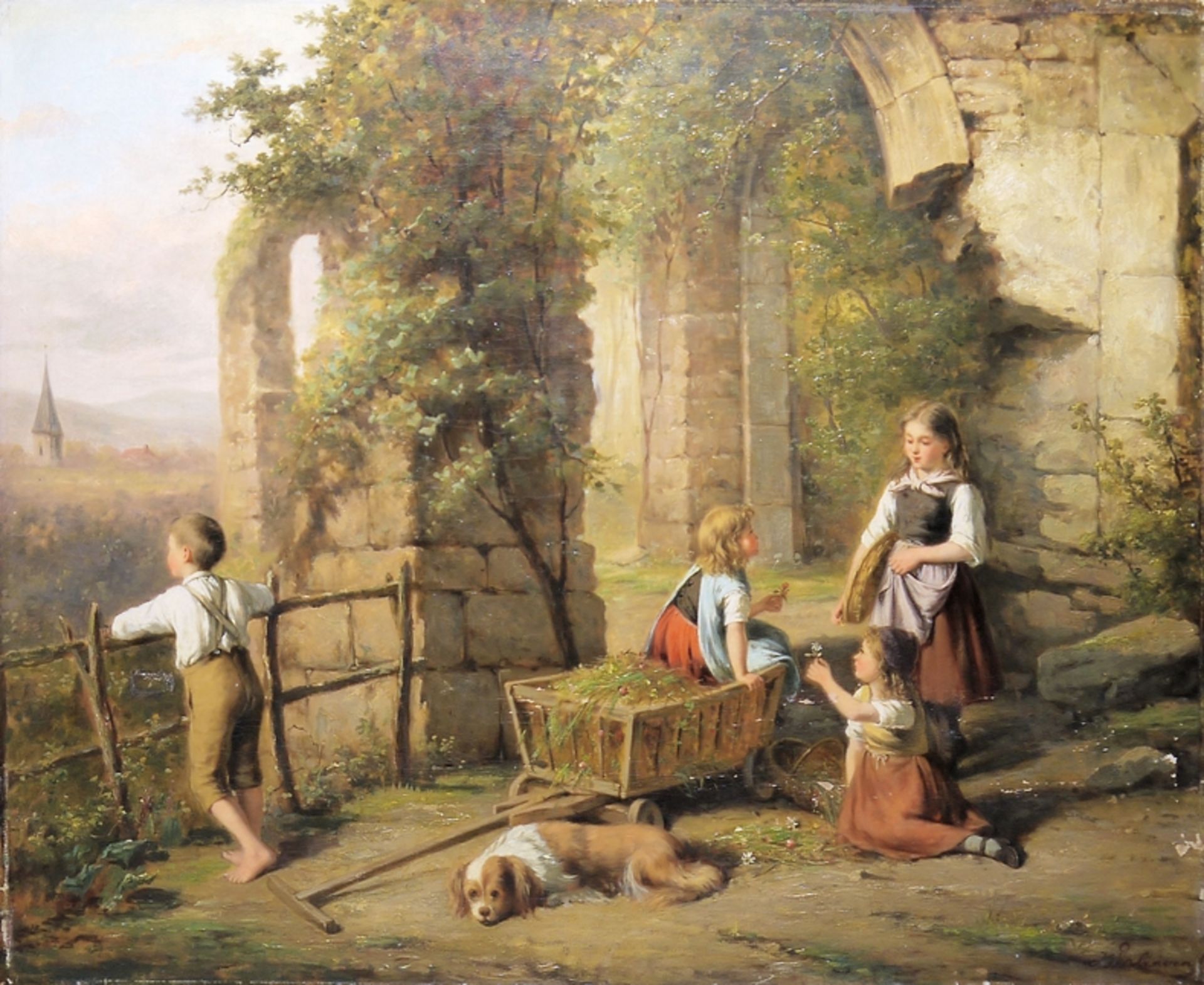 Jan Walraven, Kinder und ein Hund in einem historischen Gemäuer, Ölgemälde um 1860