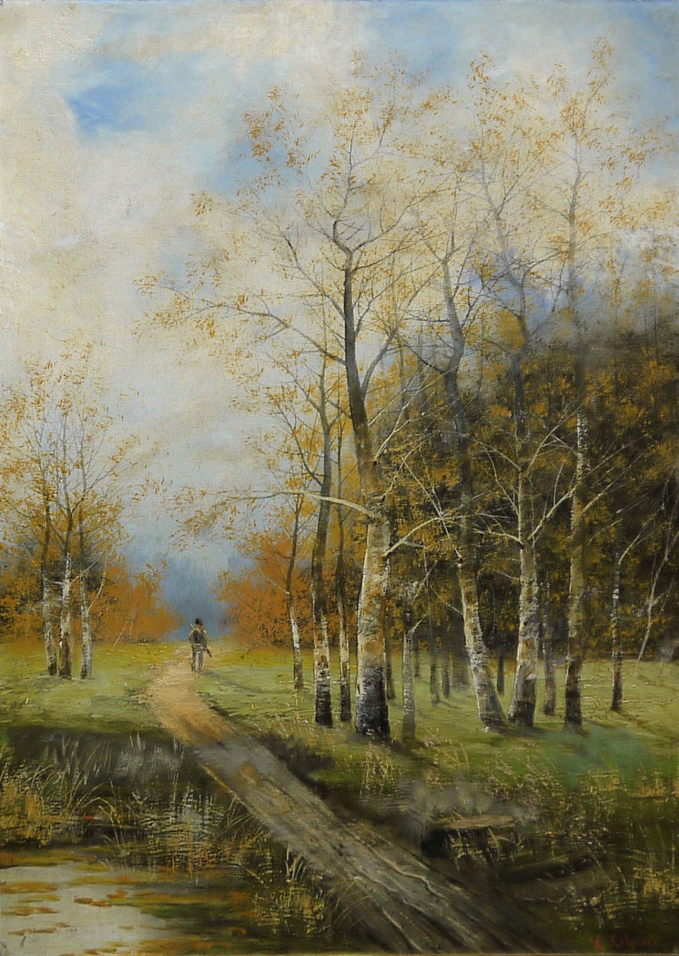 Hildegard Lehnert, Der Wilderer, großes Ölgemälde um 1900 im originalen Goldstuckrahmen