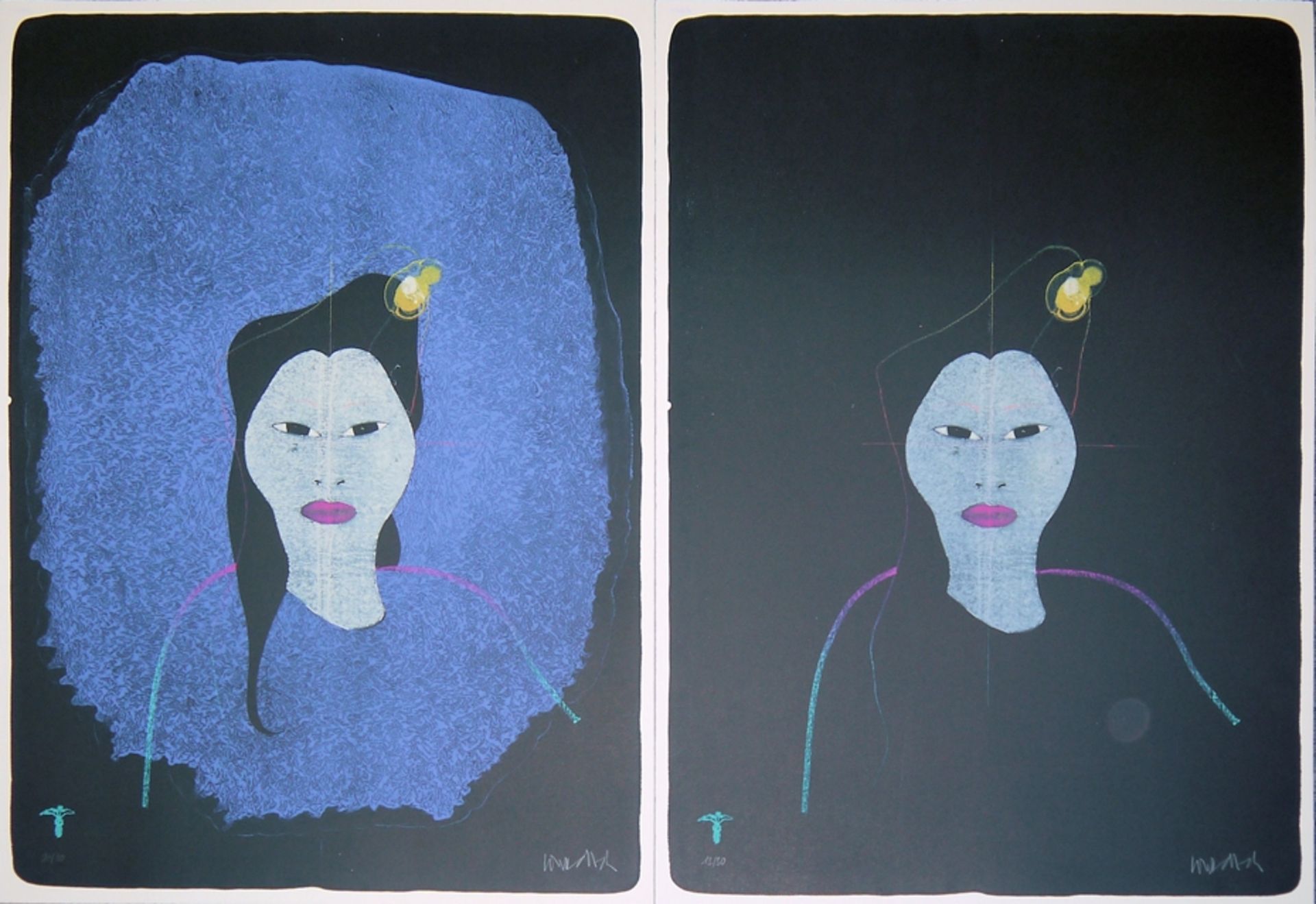 Paul Wunderlich, Frauenporträt in zwei Varianten, 2 signierte Farblithographien aus einer kleinen A