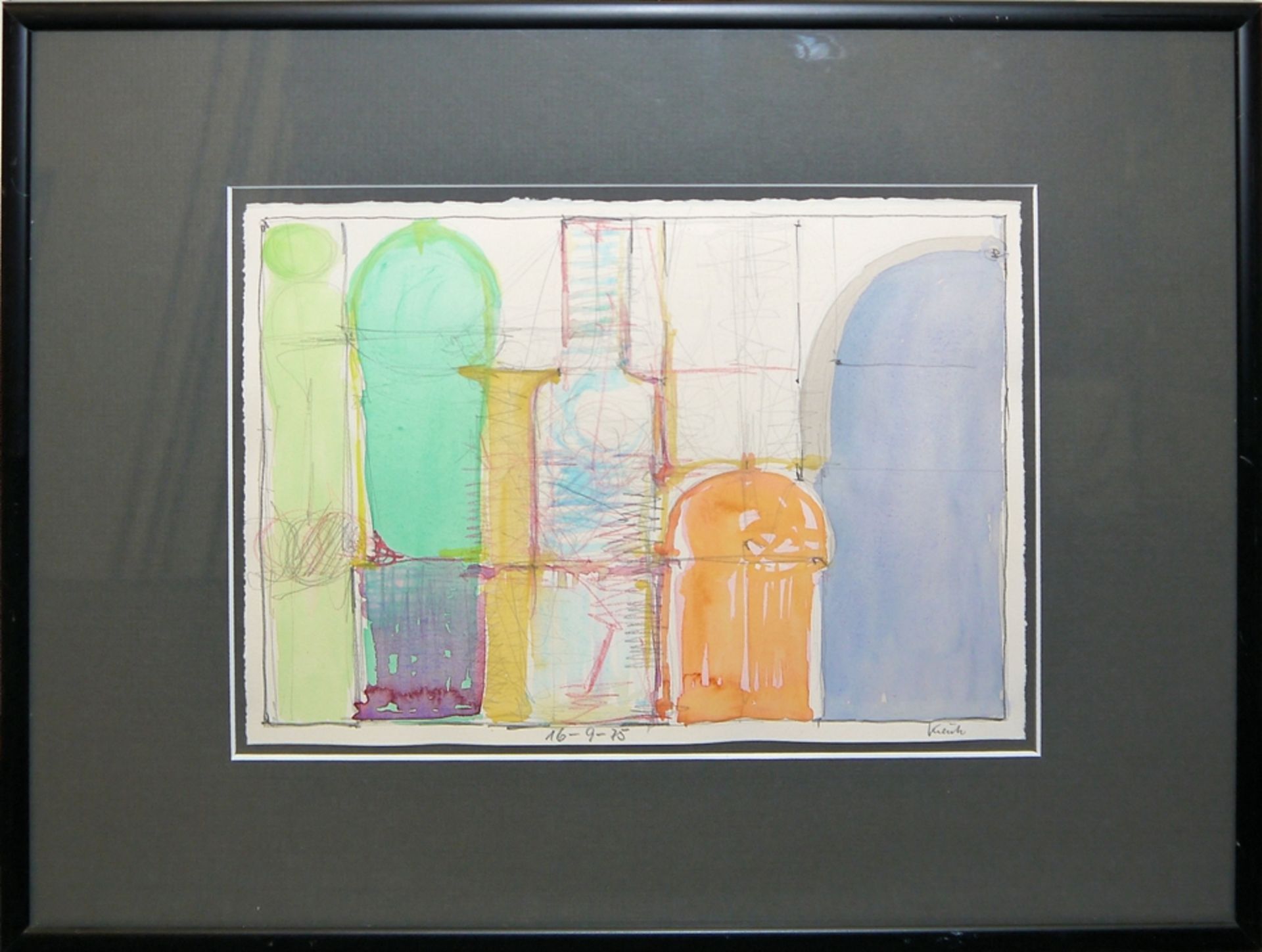 Heinz Kreutz, Triptychon: Farbgruppen & Farbfiguren, 3 Aquarelle gleich gerahmt