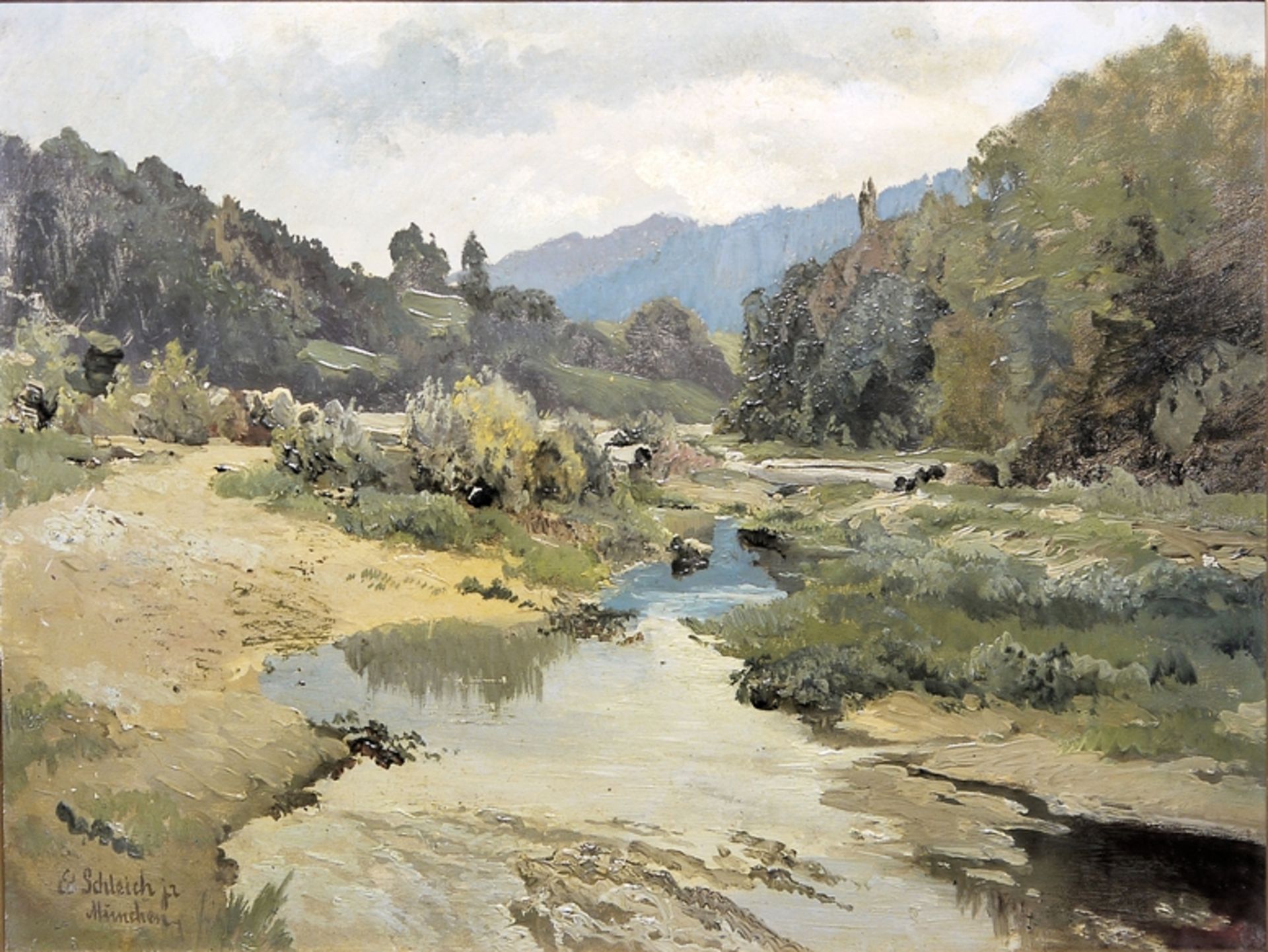Eduard II Schleich, Flusslandschaft, impressionistisches Ölgemälde, München 1882, original gerahmt