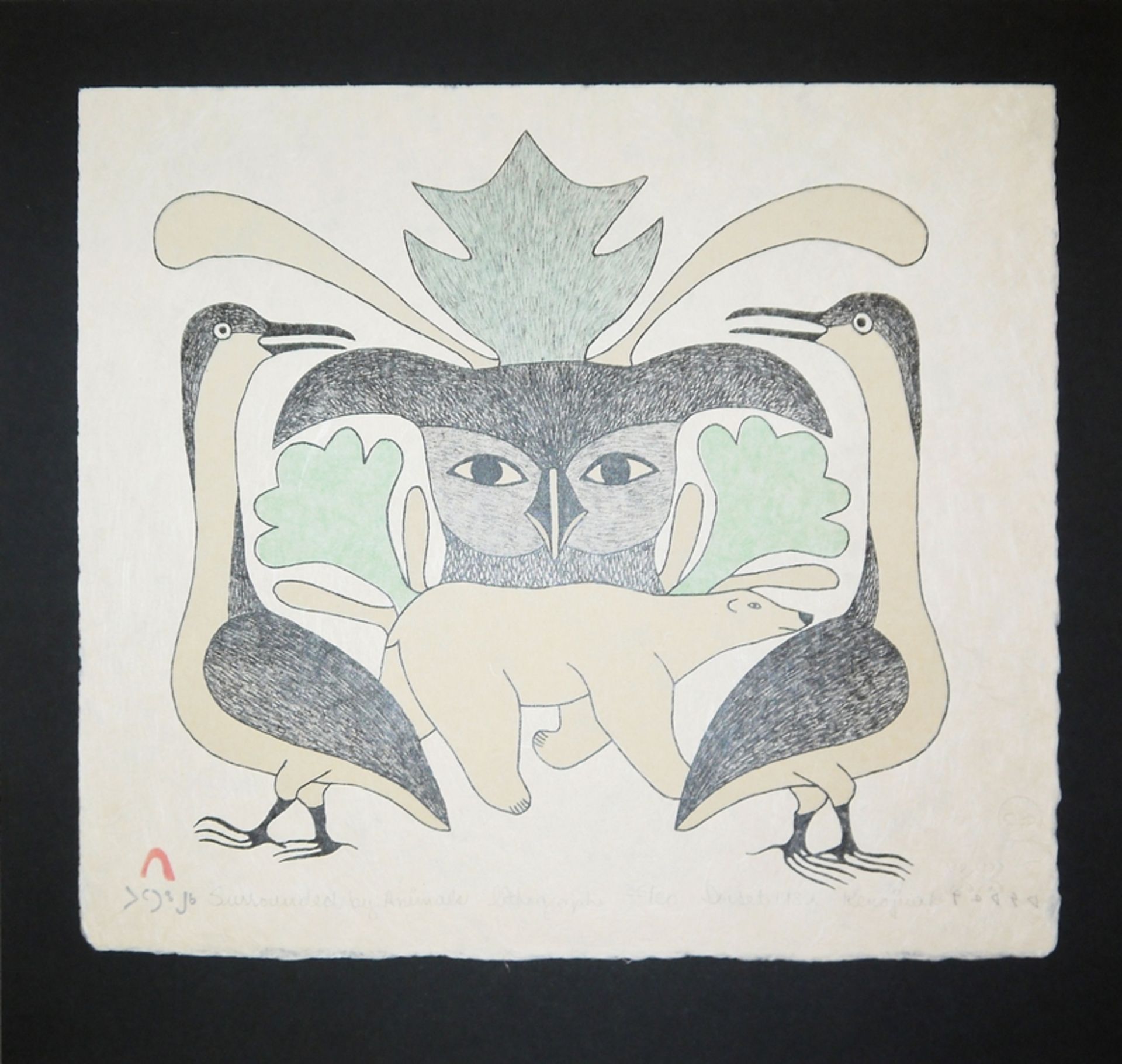 5 x Inuit Kunst: Kenojuak Ashevak, Solomon Karpik, 3 x Ashona Pitseolak, in schöner Sammelmappe