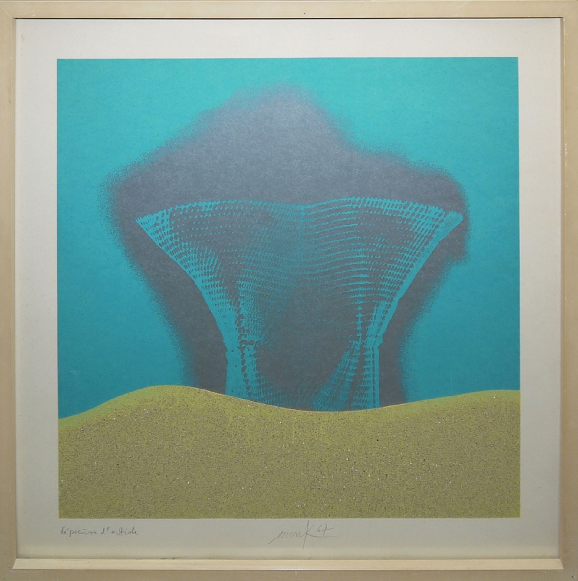 Heinz Mack, "Erscheinung eines Flügels in der Wüste", signierter Farbsiebdruck von 1967, gerahmt