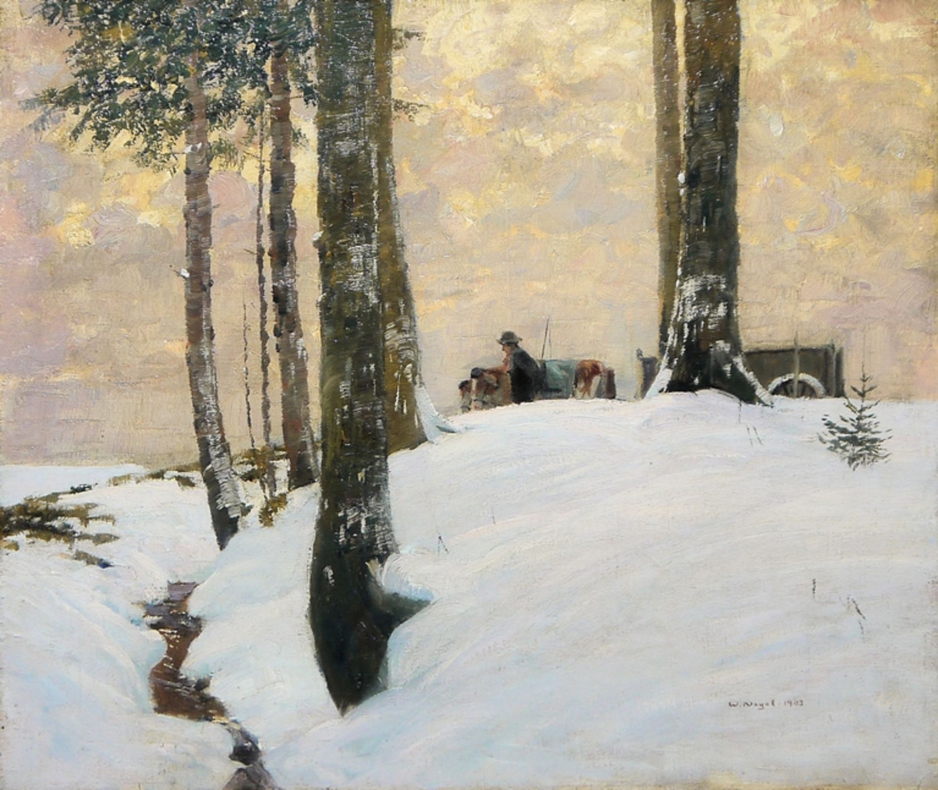 Wilhelm Nagel, Winterlandschaft mit Gespann, Ölgemälde von 1903, gerahmt