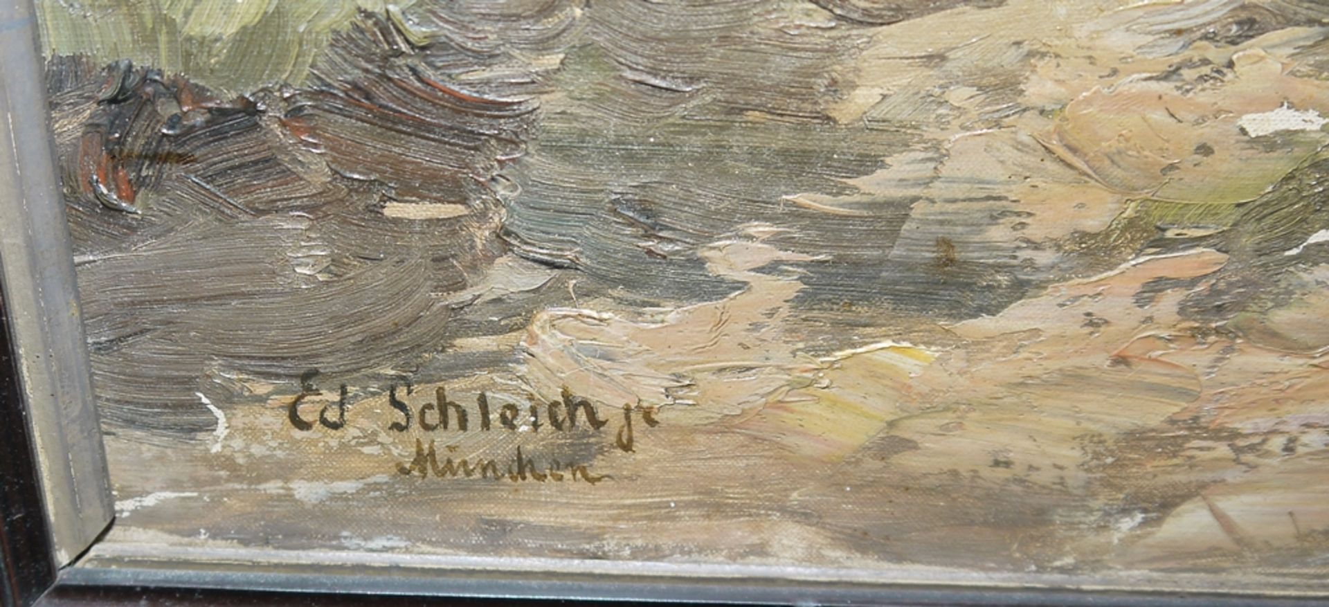 Eduard II Schleich, Flusslandschaft mit Bauernhäuser, impressionistisches Ölgemälde, München 1882,  - Bild 3 aus 4