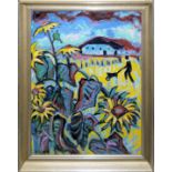 P.W.E monogr. Expressionist, Sonnenblumen vor einem Gehöft, Ölgemälde, alt gerahmt