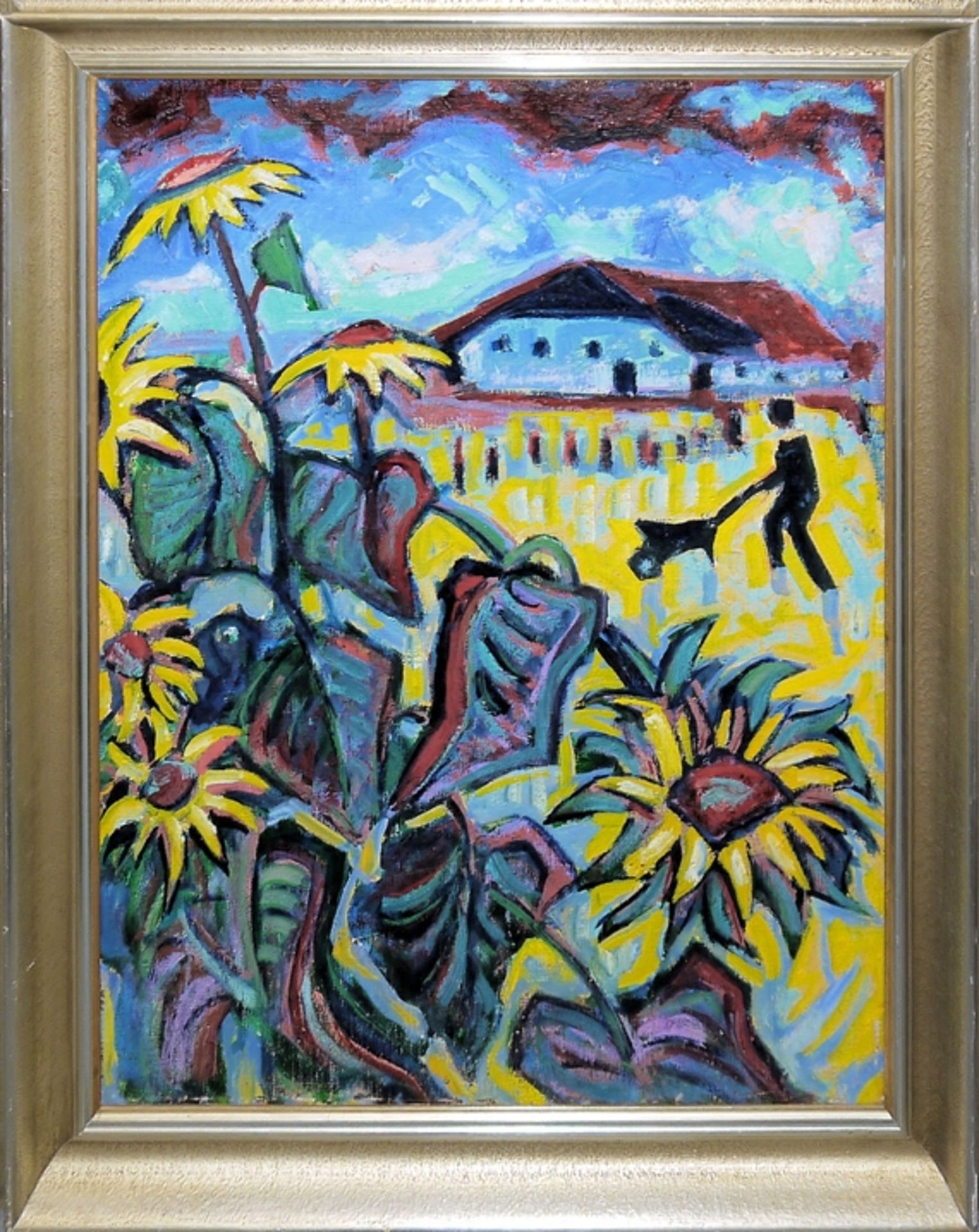 P.W.E monogr. Expressionist, Sonnenblumen vor einem Gehöft, Ölgemälde, alt gerahmt