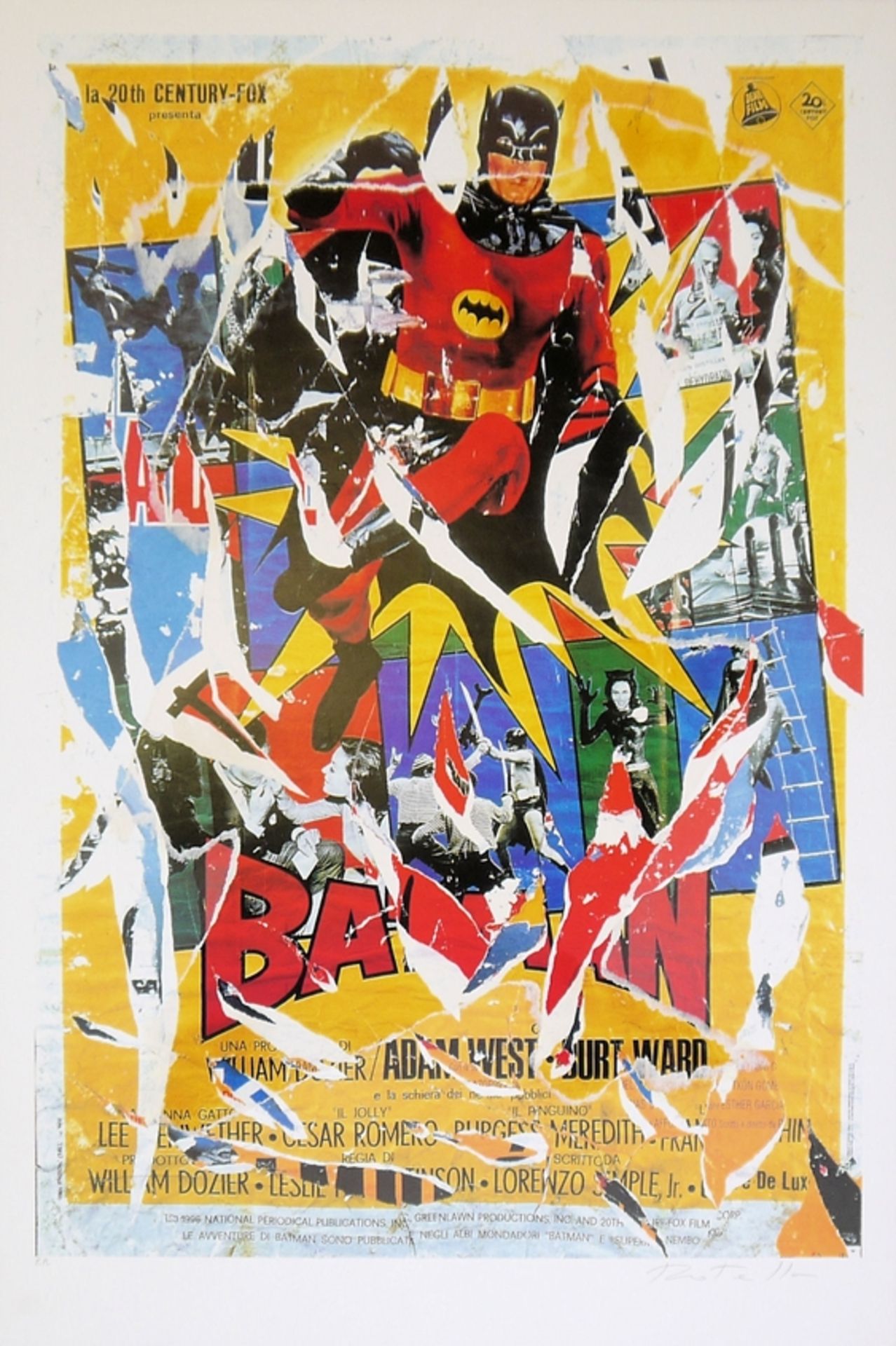Mimmo Rotella, Batman, großer signierter Farbserigraphie und Décollage