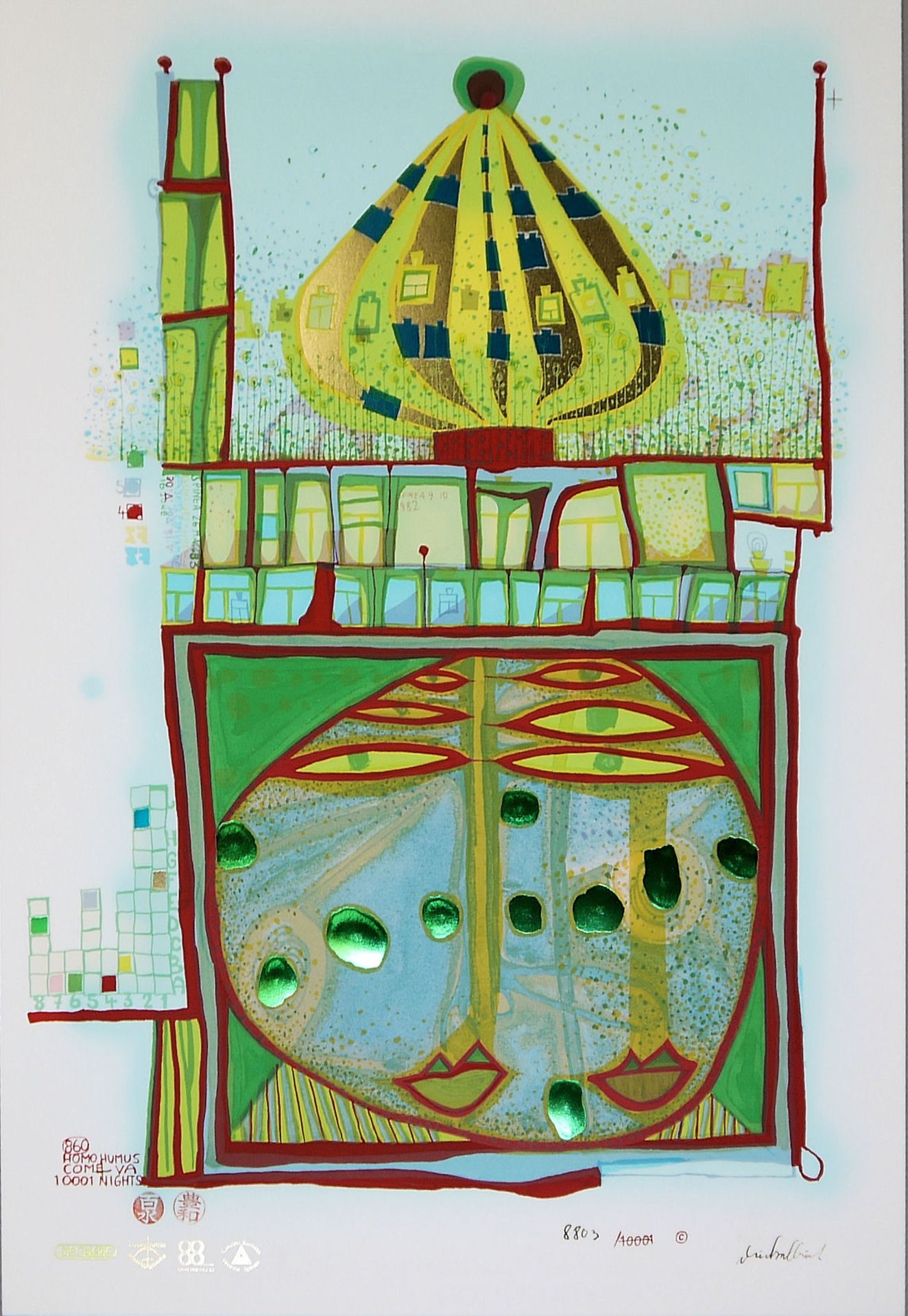 Friedensreich Hundertwasser, "10002 Nights Homo Humus Come Va How Do You Do", handsignierte farbige