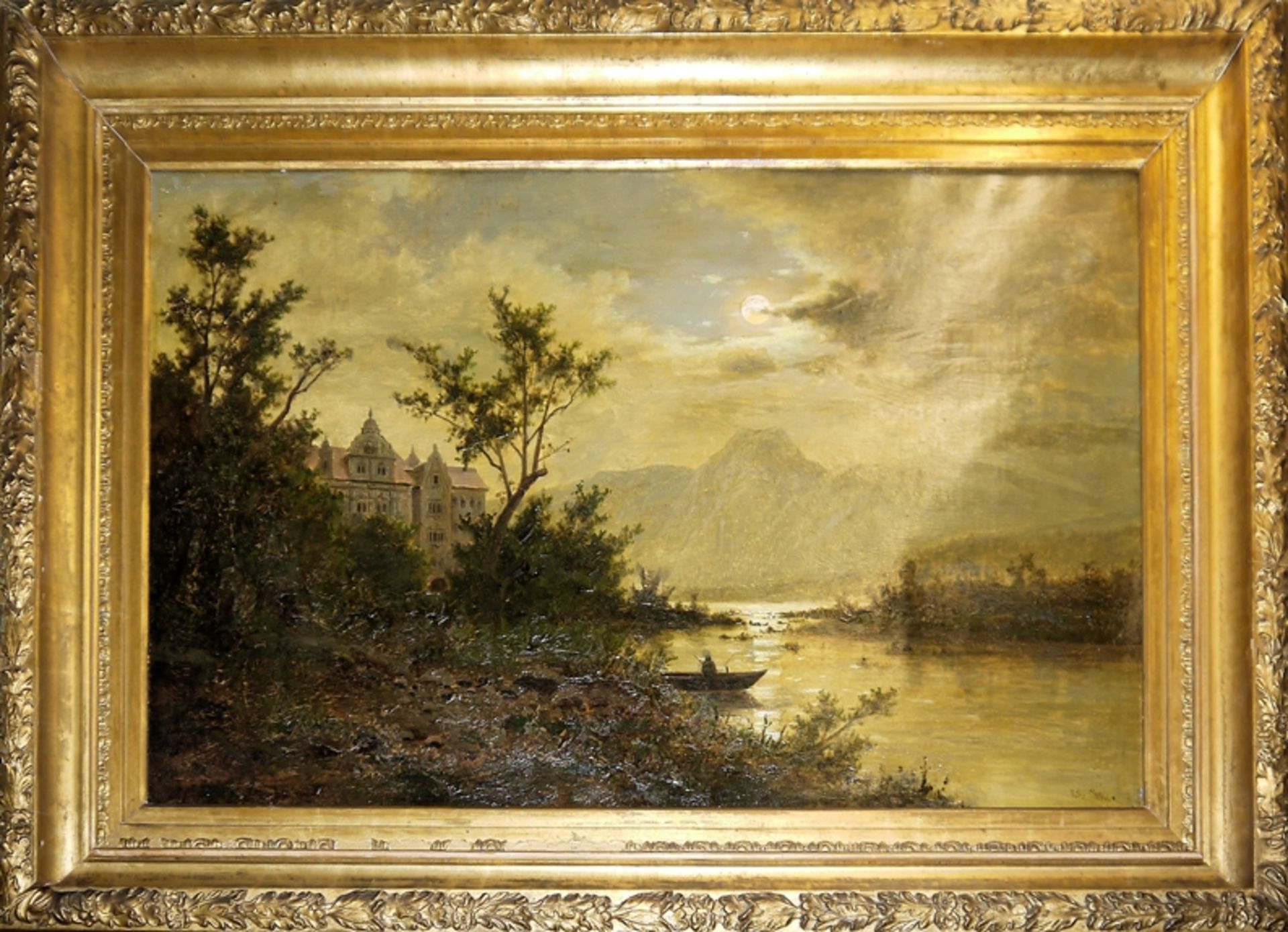 Fritz Chwala, Romantische Seenlandschaft bei Vollmond mit einem Schloss, größeres Ölgemälde um 1900