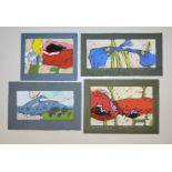 Klaus Fußmann, Blumen und Landschaft, 4 signierte Farblinolschnitte von 2016/18