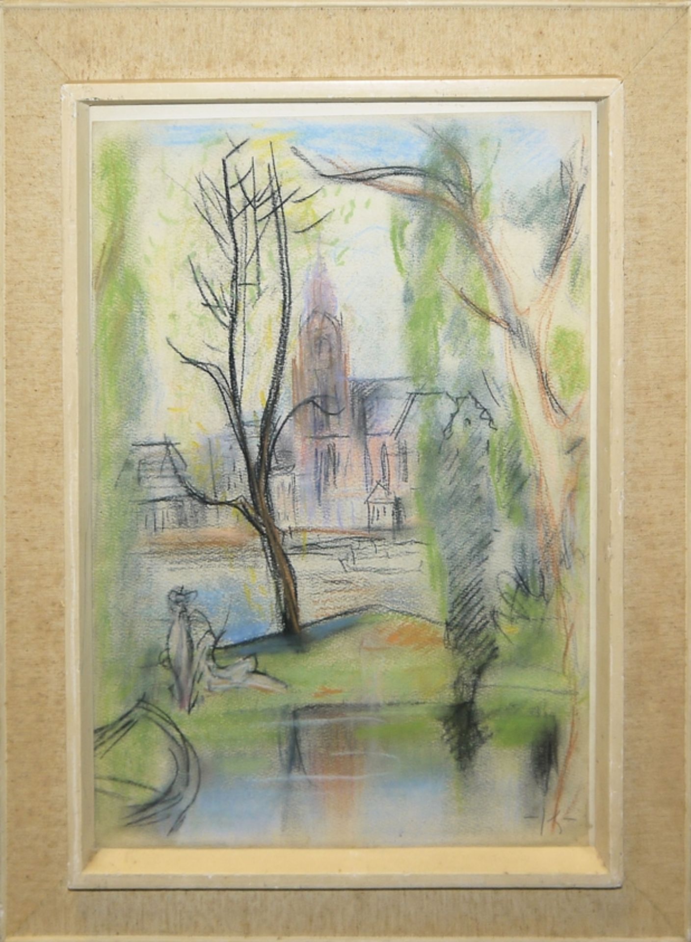 Kurt Kempin, Landschaft mit Kirchturm, monogrammiertes Pastell, gerahmt - Bild 2 aus 3