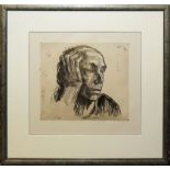 Käthe Kollwitz, Selbstbildnis mit der Hand an der Stirn, Radierung von 1921, gerahmt