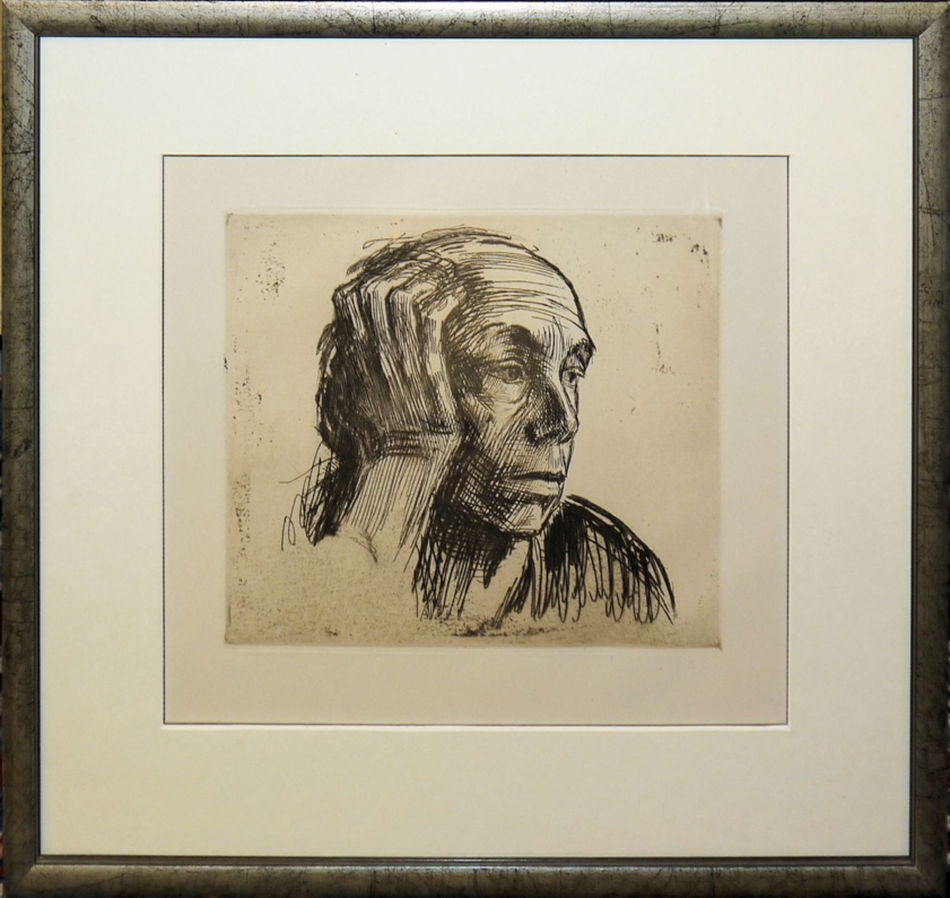 Käthe Kollwitz, Selbstbildnis mit der Hand an der Stirn, Radierung von 1921, gerahmt