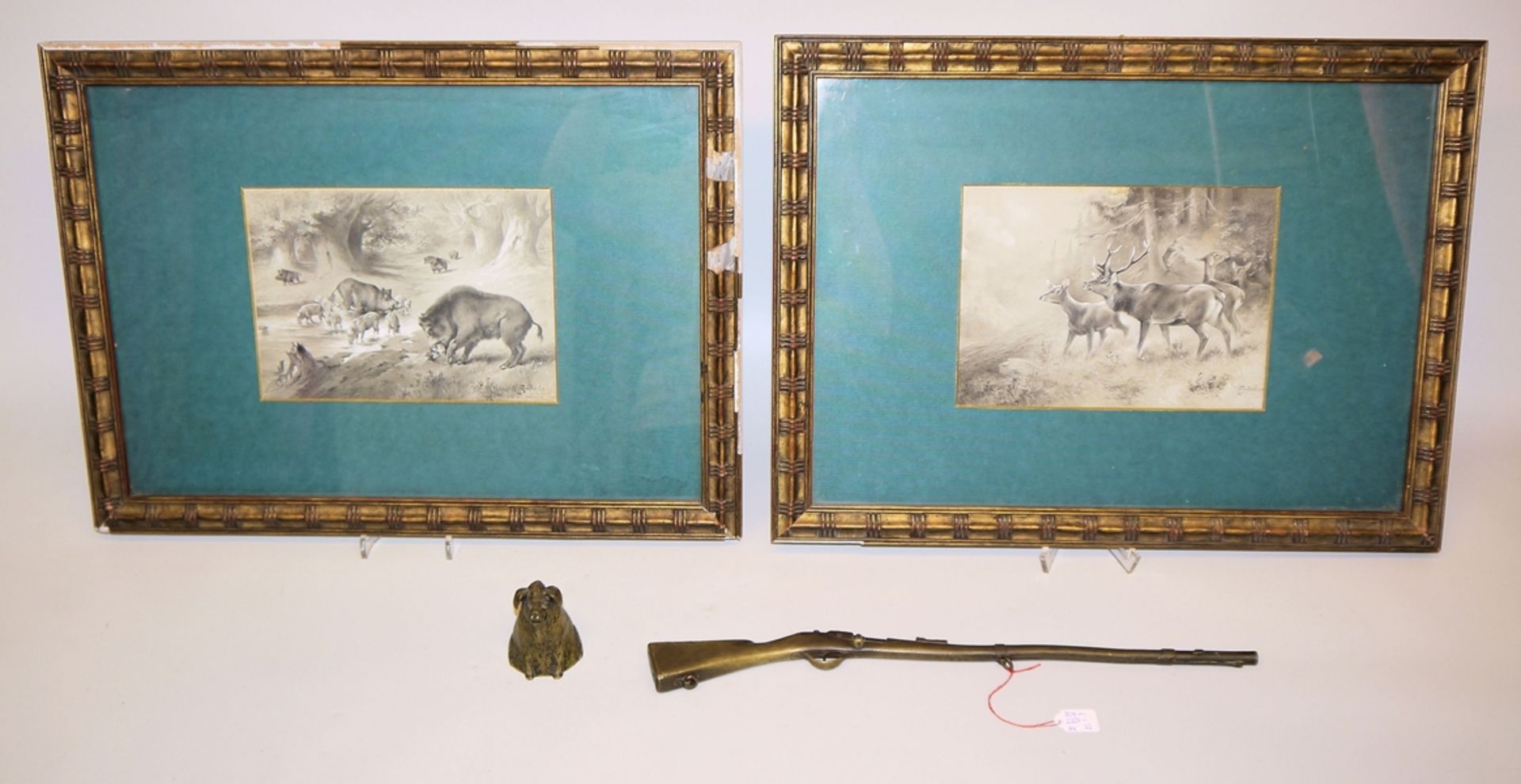 Václav Anderle, Wildscheine & Rotwild, zwei lavierte Tuschezeichnungen, alt gerahmt & Wildschwein-