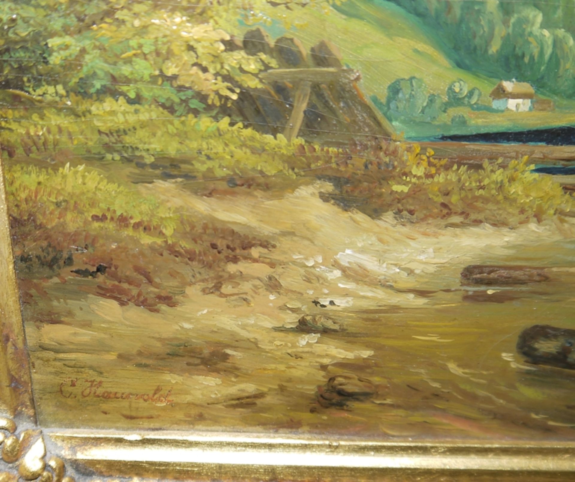 Carl Haunold, Alpiner See mit Booten, Ölgemälde um 1860/70, im originalen Goldstuckrahmen - Bild 3 aus 4