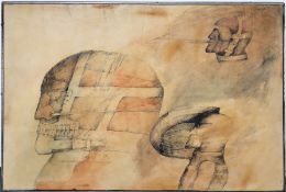 Wolfgang Bier, "Köpfe", Wandplastik mit Zeichnung auf Leder von 1976