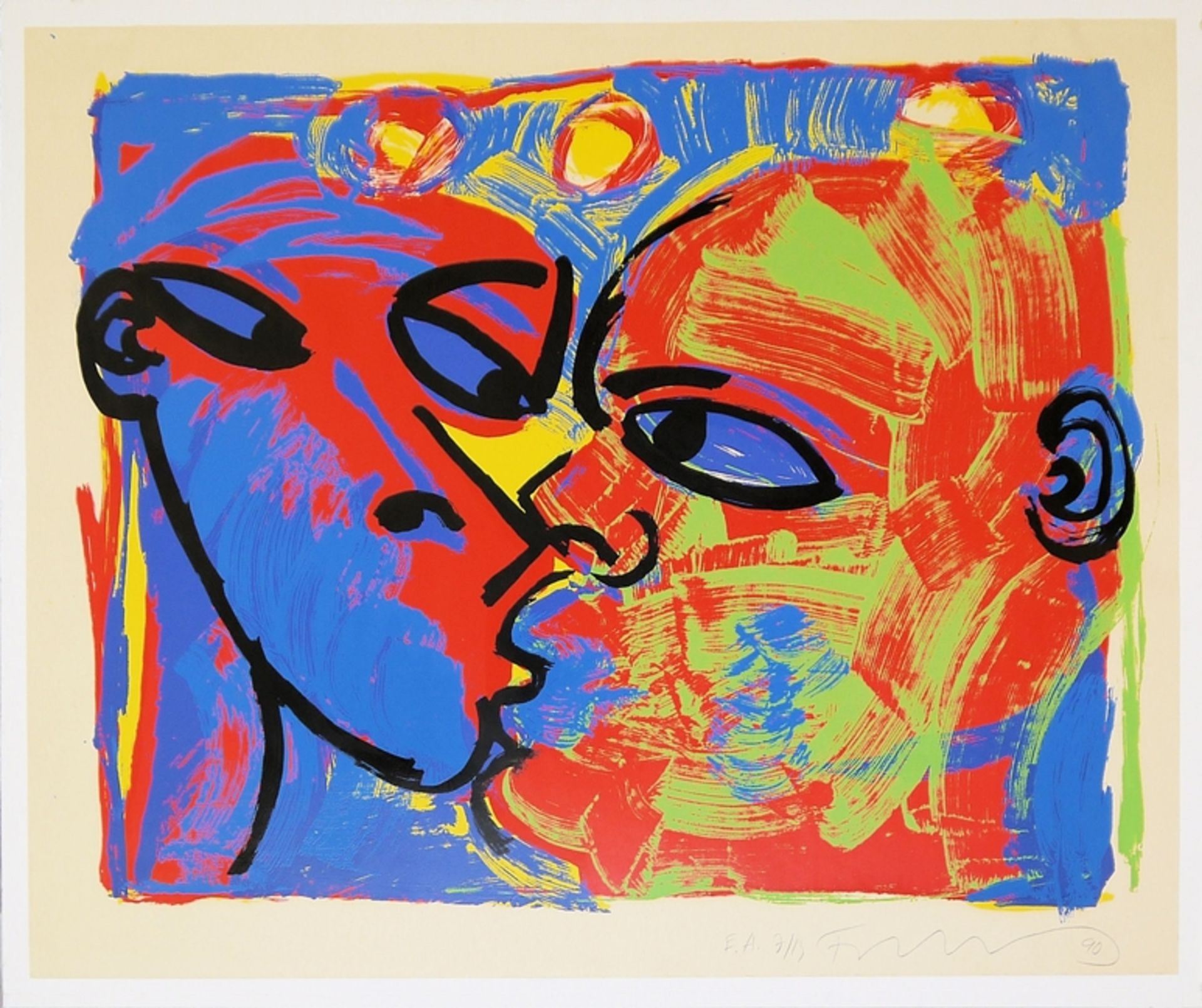 Rainer Fetting, "Der Kuss", großer sign. Farbsiebdruck von 1990