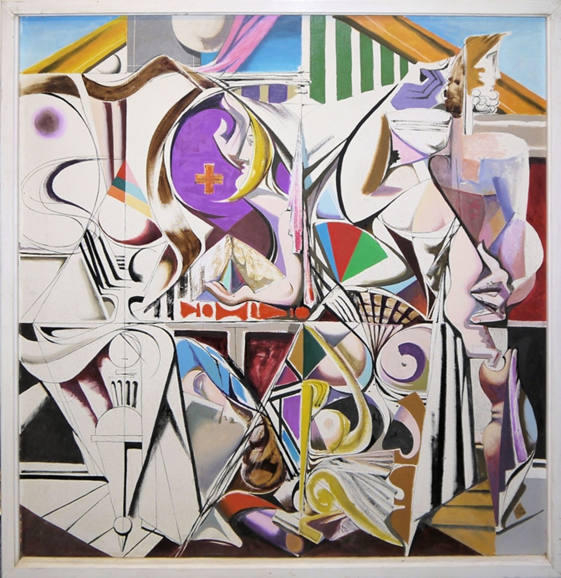 Karl Lorenz Kunz, "Interieur mit Kreuzchen", großes Ölgemälde von 1957, gerahmt