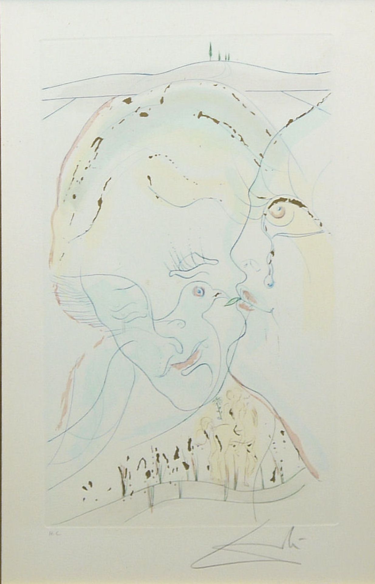 Salvador Dalì, "Die Taubenaugen der Braut", sign. Radierung mit Pochoir und Goldauflage von 1971, g