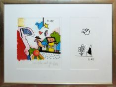 Otmar Alt, 3 Originale: "Vom Hahn und der Perle", Blume, Flasche und Vogel und Vogelwesen, 3 x Aqua