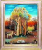 Branko Bunić-Babek, Hirsche und Rehe unter Bäumen, Hinterglas-Gemälde von 1974 (Moderne Jugoslawisc