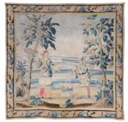 Tapisserie aus einer Chinoiseriefolge "mit Bäumen, Häusern und chinesischen Figuren"
