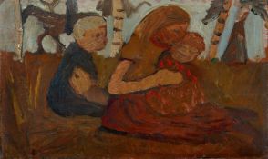 Paula Modersohn-Becker, Drei sitzende Kinder in Landschaft, hinten ein Reiter
