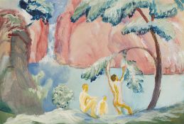 August Macke, Drei Knaben am Wasser. Verso: Weibliche Akte, Frauen am Tisch