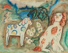 Gabriele Münter, Pferd und Hund vor rotem Haus am See