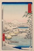 Utagawa Hiroshige, Der Hafen unter einer Schneedecke