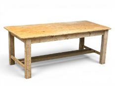 A Large Victorian Pine Irish Farmhouse Kitchen Table with Double Stretcher Support. Late 19th