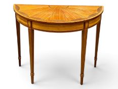 A Quality Sheraton style Inlaid Satinwood and Mahogany Demi-Lune Side Table. By Redman & Hales