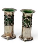 A Pair of Art Nouveau Silver Plated Vases with Watcombe Pottery Liners. Designed by Christopher