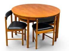 A McIntosh Teak “Tuck Away” Dining Table and Four Chairs. Designed by Tom Robertson and Val Rossi.