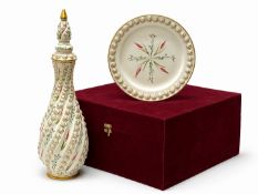 A National Palaces Yıldız Porcelain Bottle, Plate and Velvet Presentation Box. Decorated by Arzu