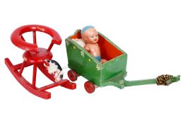 Konv. Schaukelstuhl, Handwagen und 1 Püppchen, Schaukelstuhllänge 12 cm, bespielt