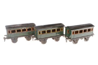 3 Märklin Personenwagen 1872, Spur 1, CL, 1 Dach rest., LS und gealterter Lack, L 19,5, Z 3