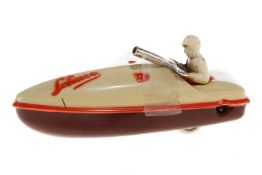 Schuco Rennboot 1015, Uhrwerk intakt, mit Fahrerfigur, L 12, Z 3